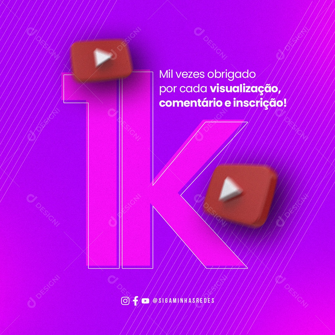 Agradecimentos Youtube Mil vezes obrigado por cada visualização comentário Social Media PSD Editável