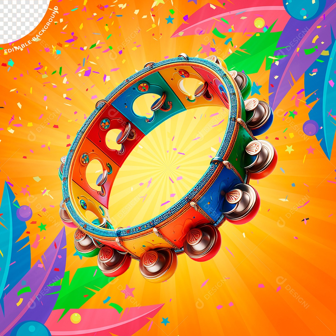 Pandeiro Colorido Elemento 3D de Carnaval para Composição PSD