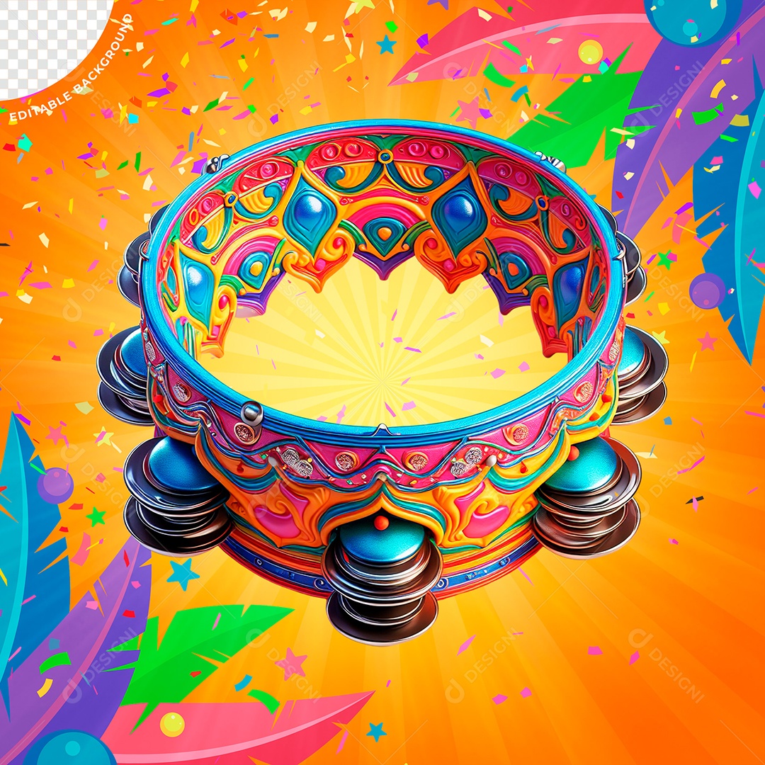 Pandeiro Carnaval Elemento 3D para Composição PSD