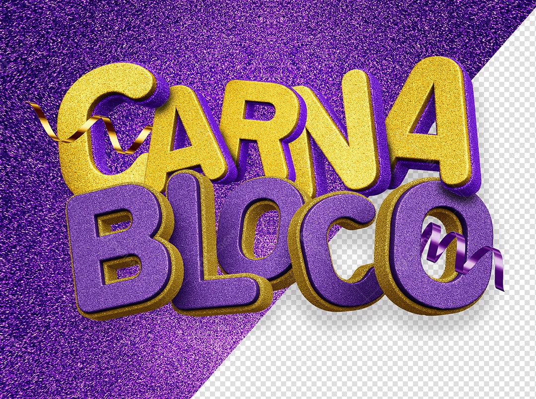 Carna Bloco Texto 3D Dourado e Roxo para Composição PSD