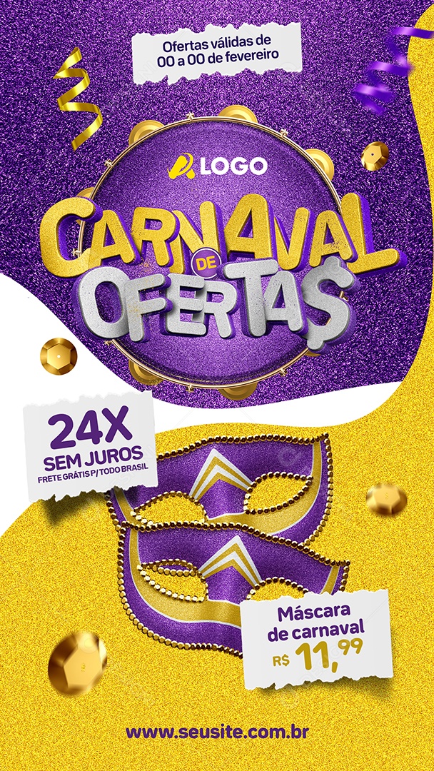 Story Carnaval de Ofertas Loja Máscara de carnaval Social Media PSD Editável