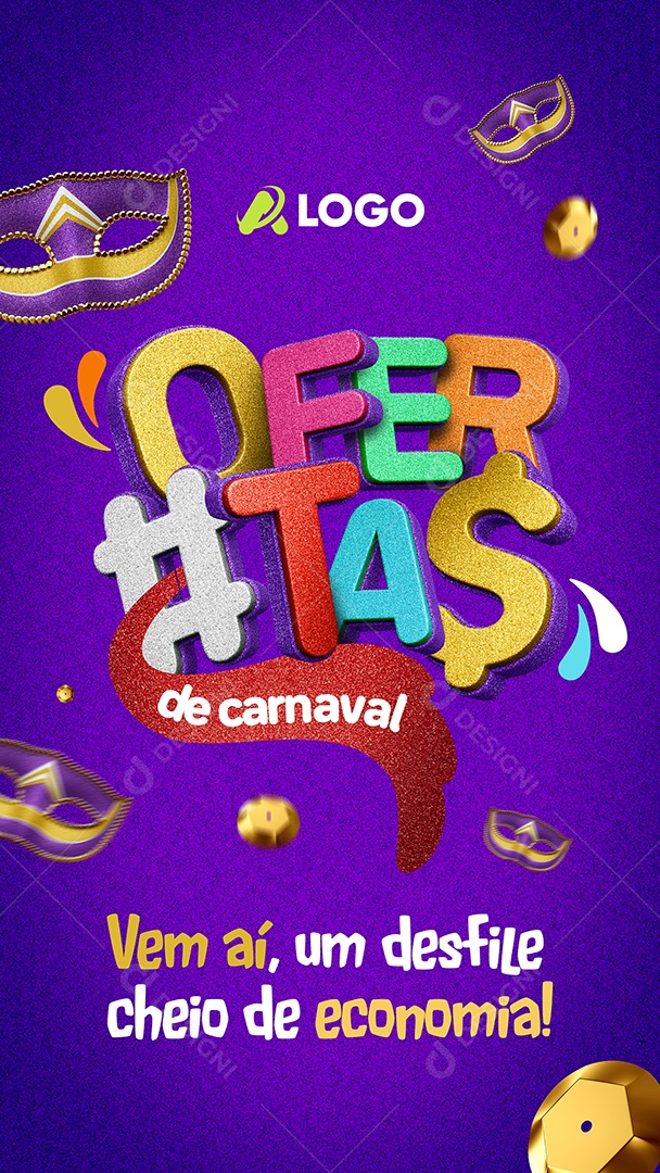 Story Ofertas de carnaval Vem aí um desfile cheio de economia Social Media PSD Editável