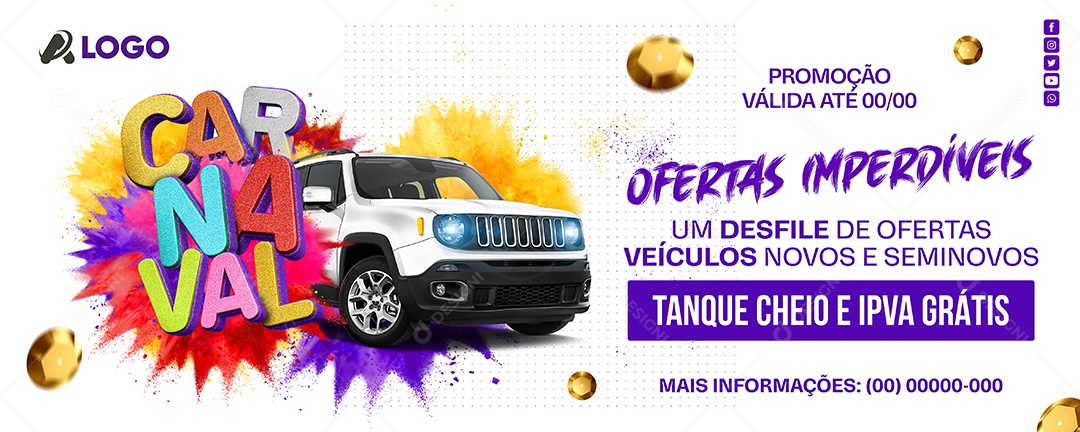 Banner Carnaval Concessionária Ofertas Imperdíveis Social Media PSD Editável