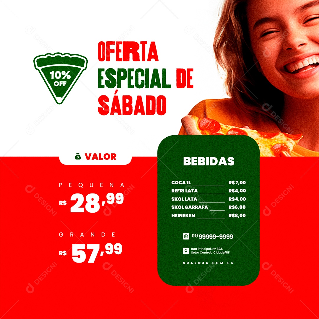 Pizzaria Oferta Especial de Sábado Pizza Pequena e Grandes Social Media PSD Editável