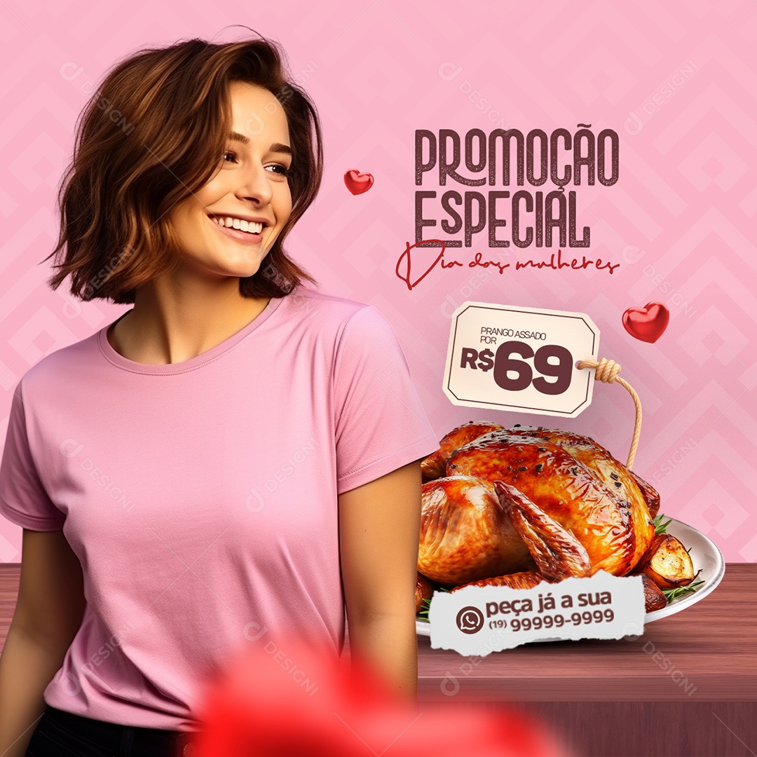 Convite Churrascaria Promoção Especial Dia das Mulheres Frango Assado Social Media PSD Editável