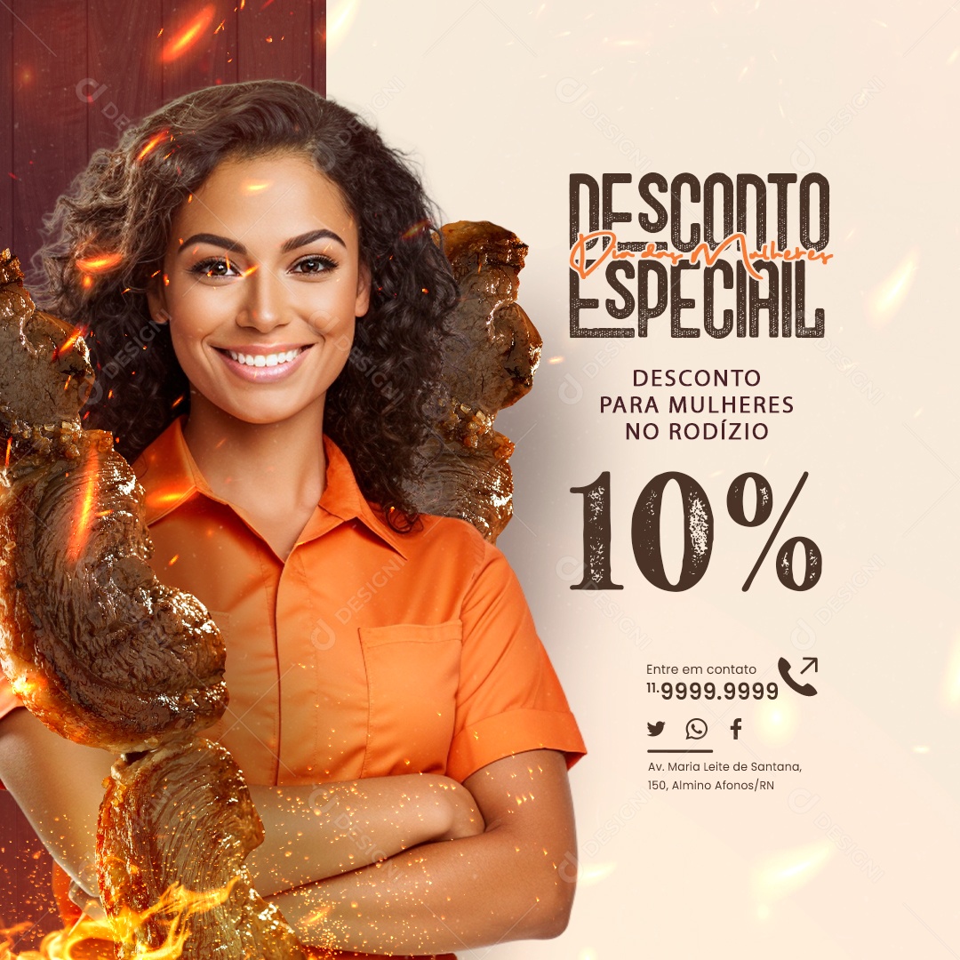 Convite Churrascaria Desconto para Mulheres no Rodízio 10% Social Media PSD Editável