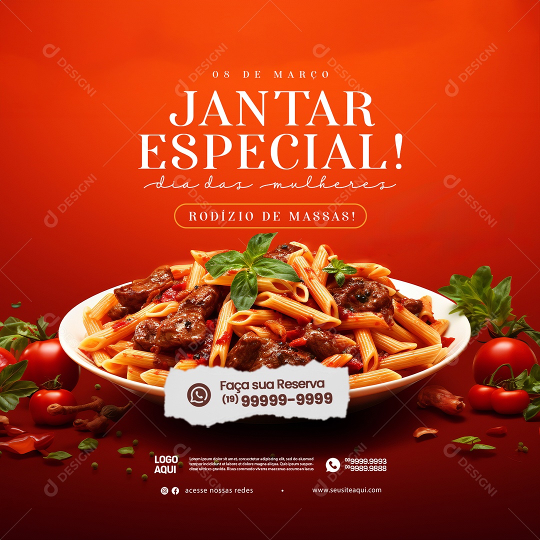 Convite Jantar Especial Dia das mulheres Rodízio de Massas Social Media PSD Editável