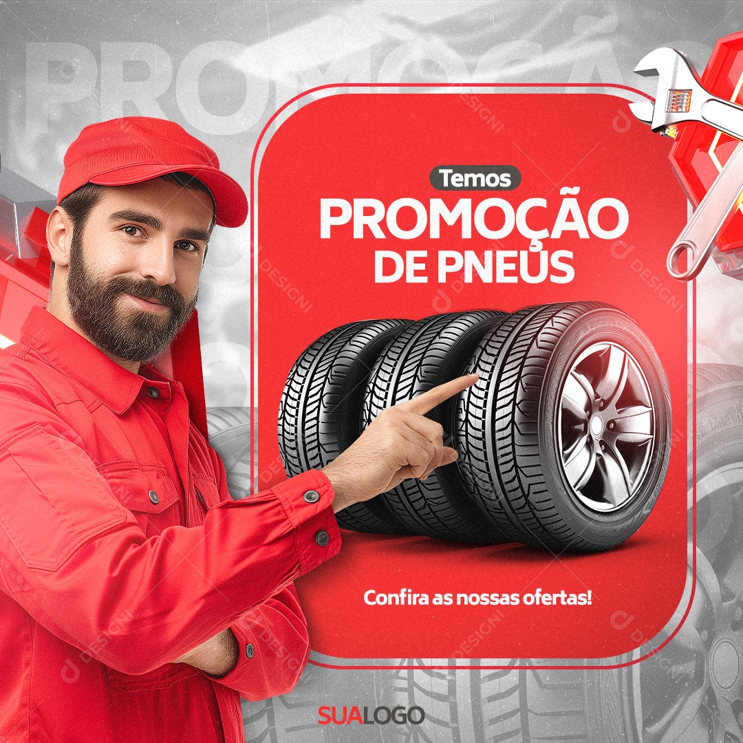 Oficina Mecânica Temos Promoção de Pneus Social Media PSD Editável