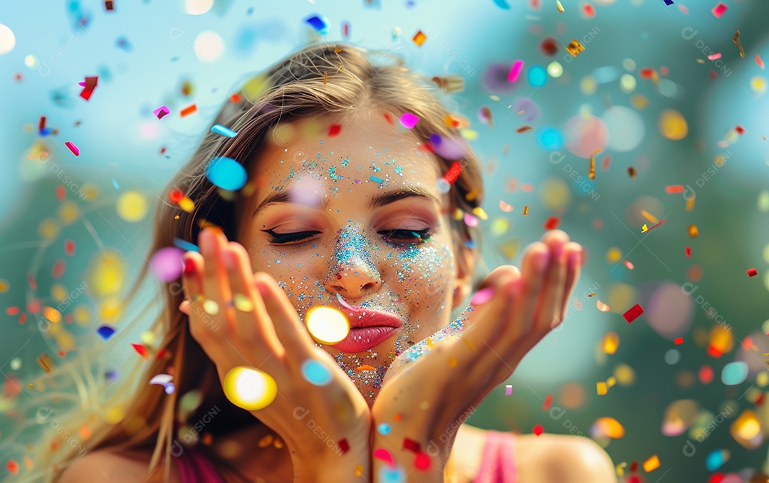 Linda mulher desfocada soprando confete com as mãos