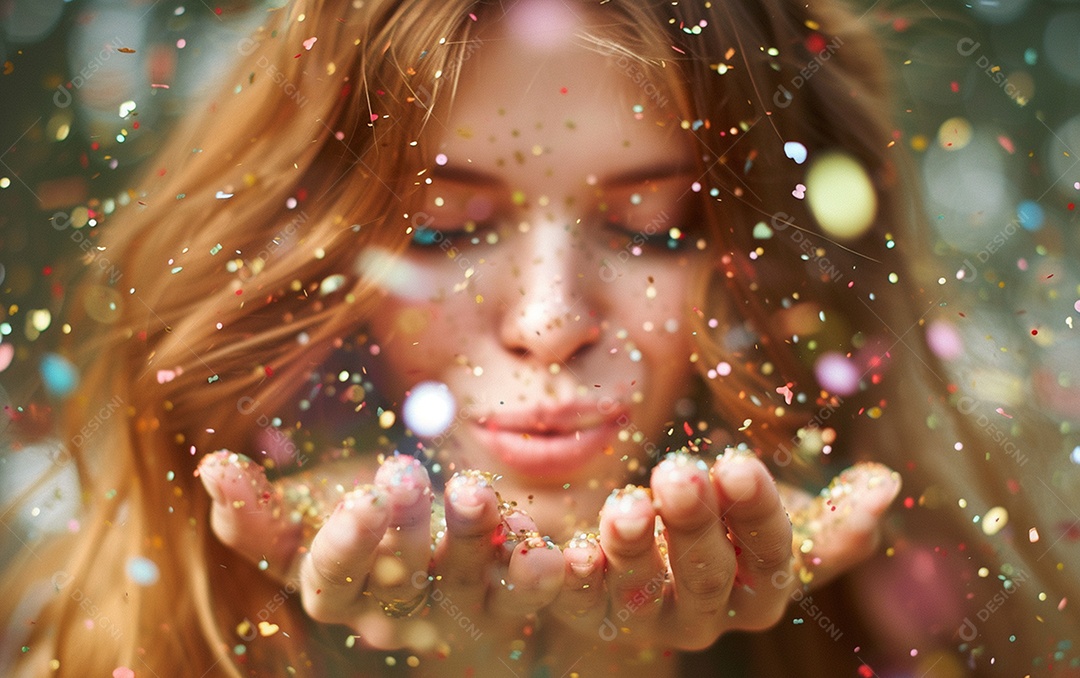 Linda mulher desfocada soprando confete com as mãos