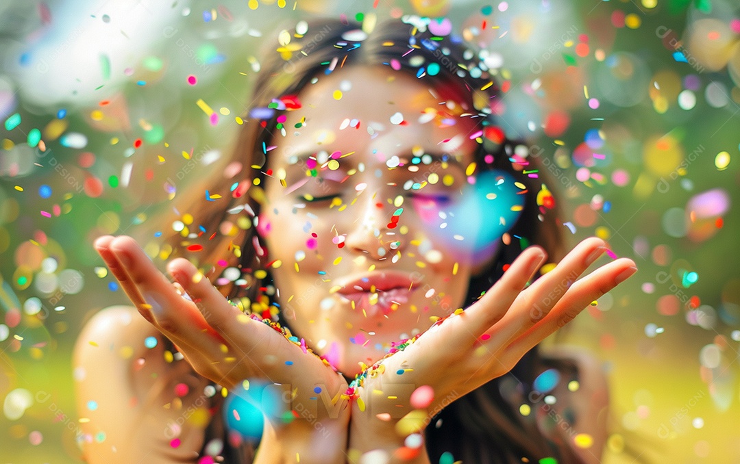 Linda mulher desfocada soprando confete com as mãos