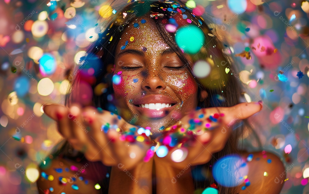 Linda mulher desfocada soprando confete com as mãos