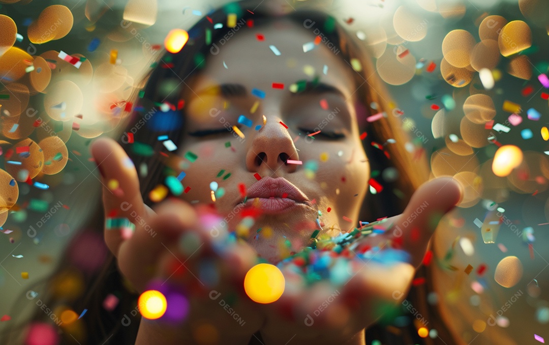 Linda mulher desfocada soprando confete com as mãos