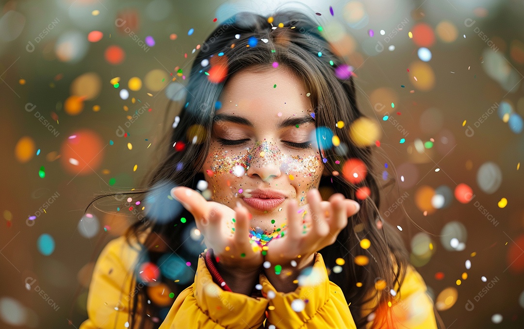 Linda mulher desfocada soprando confete com as mãos