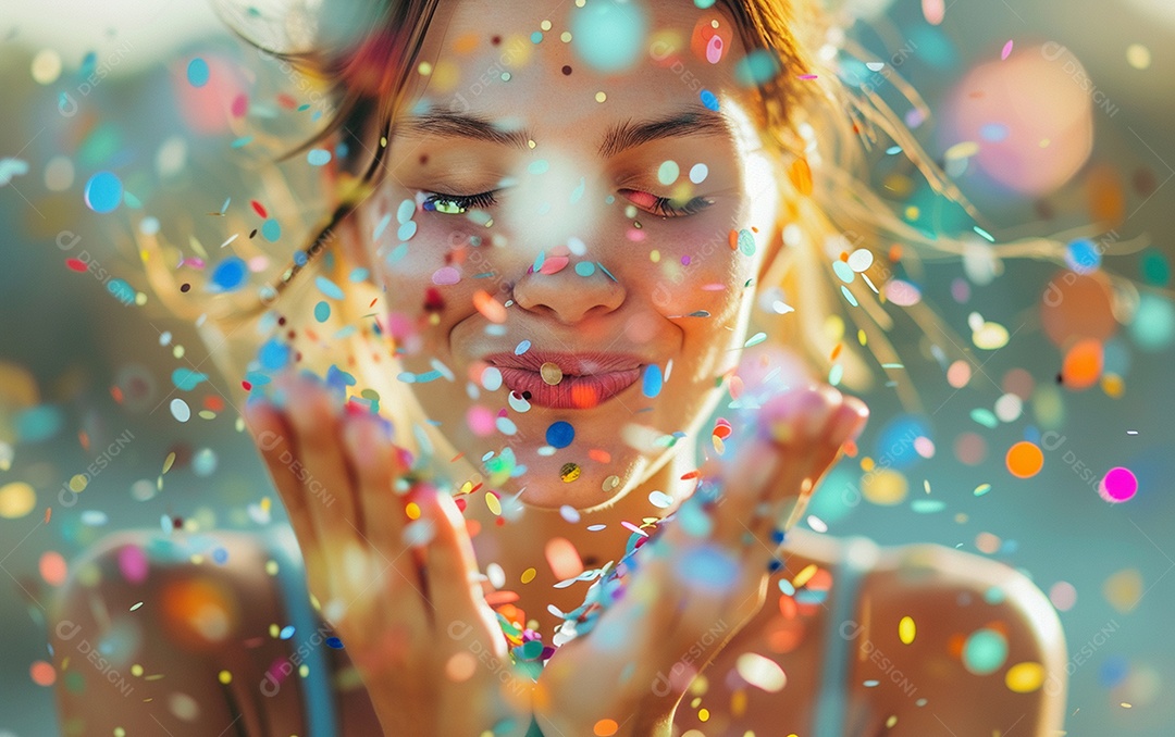 Linda mulher desfocada soprando confete com as mãos