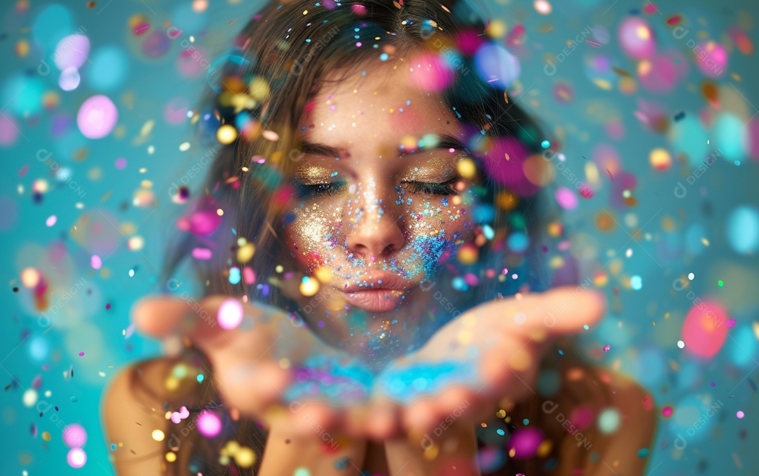 Linda mulher desfocada soprando confete com as mãos