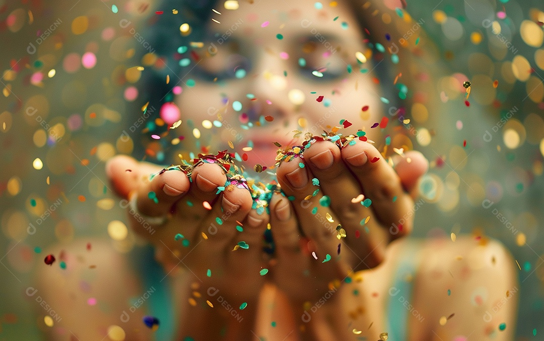 Linda mulher desfocada soprando confete com as mãos