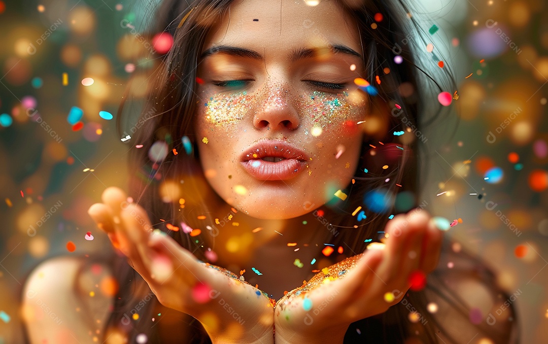 Linda mulher desfocada soprando confete com as mãos