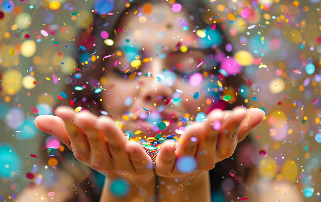 Linda mulher desfocada soprando confete com as mãos