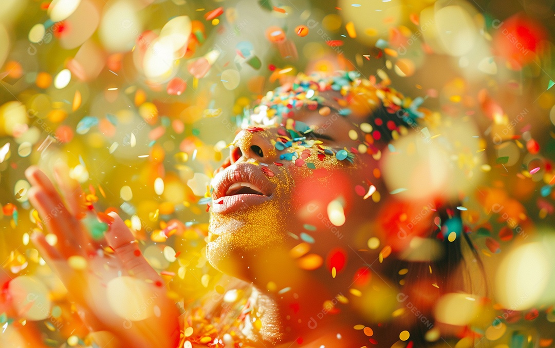 Linda mulher desfocada soprando confete com as mãos