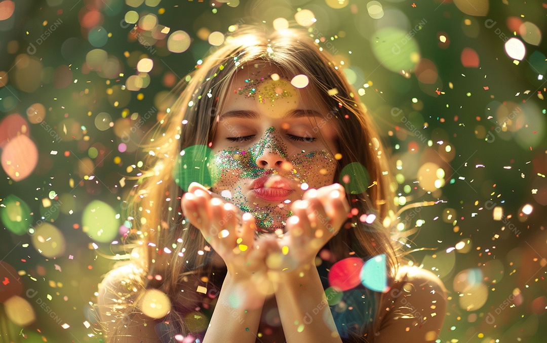 Linda mulher desfocada soprando confete com as mãos