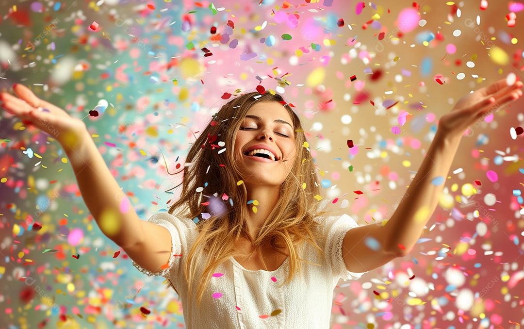 Linda mulher desfocada soprando confete com as mãos