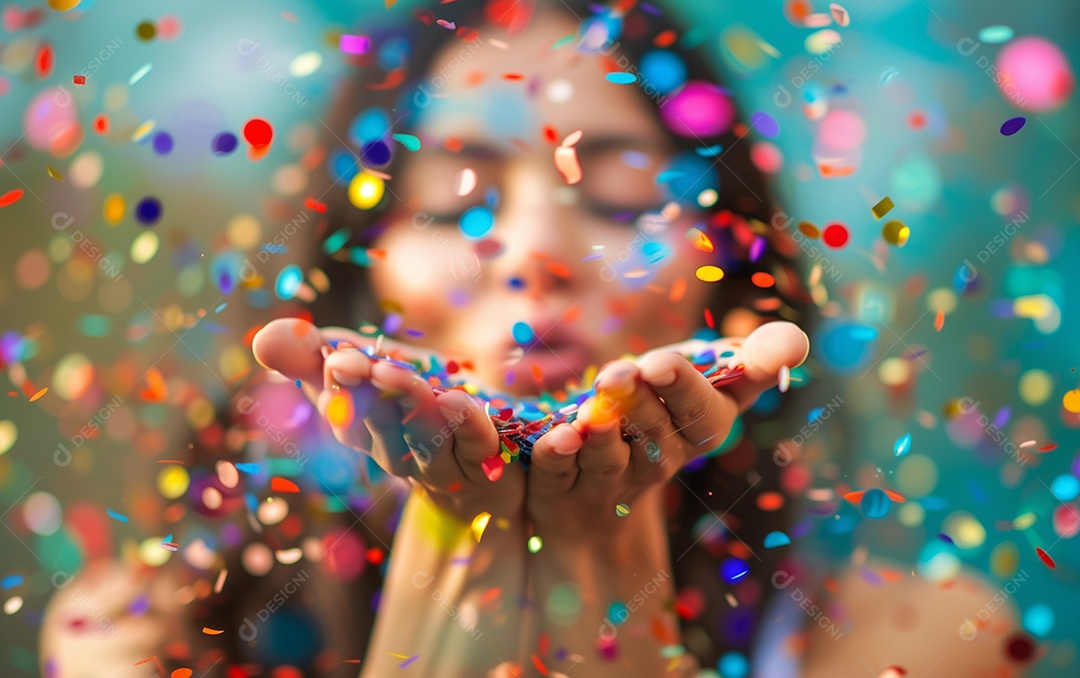 Linda mulher desfocada soprando confete com as mãos