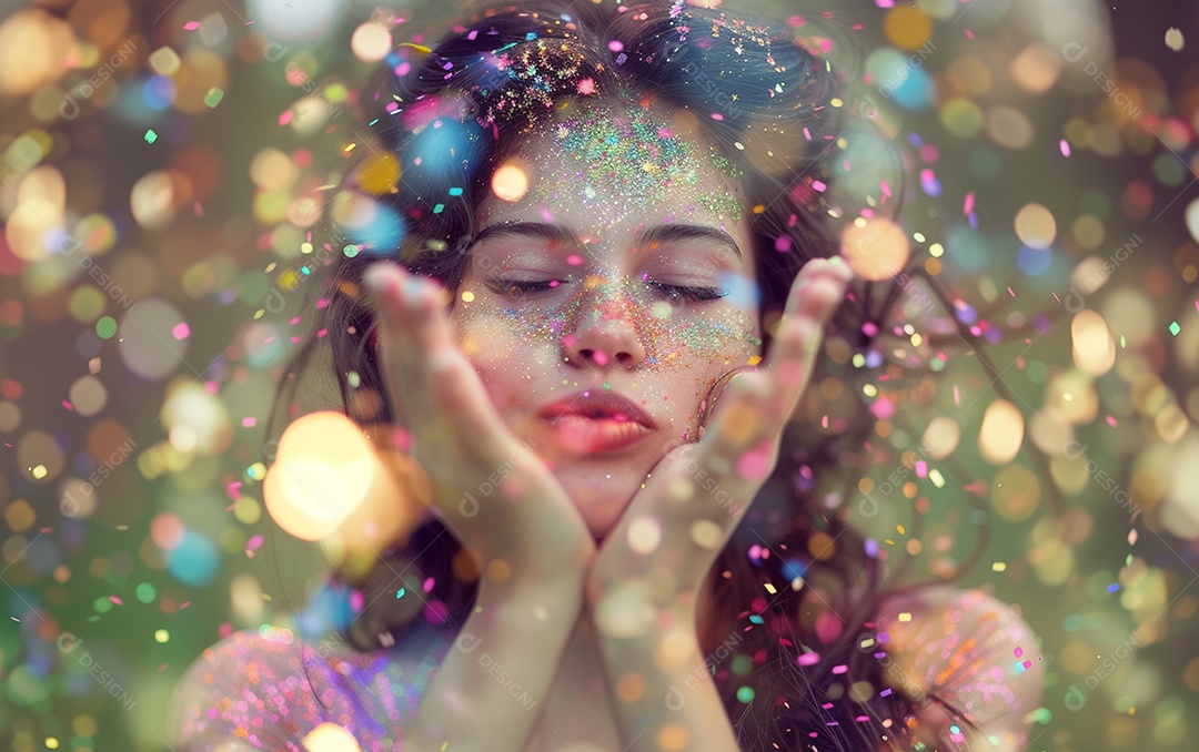 Linda mulher desfocada soprando confete com as mãos