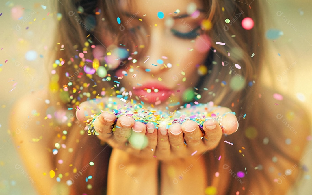 Linda mulher desfocada soprando confete com as mãos