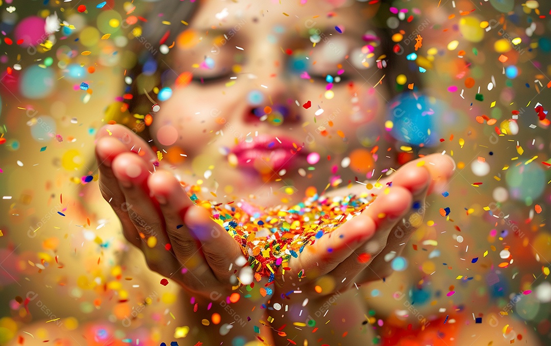 Linda mulher desfocada soprando confete com as mãos