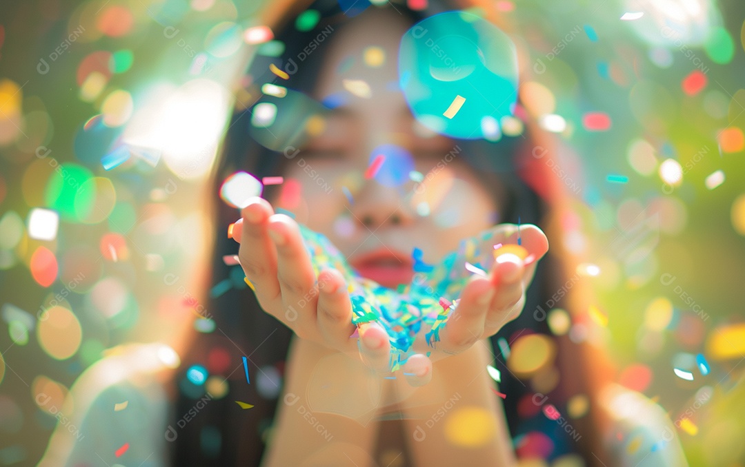 Linda mulher desfocada soprando confete com as mãos