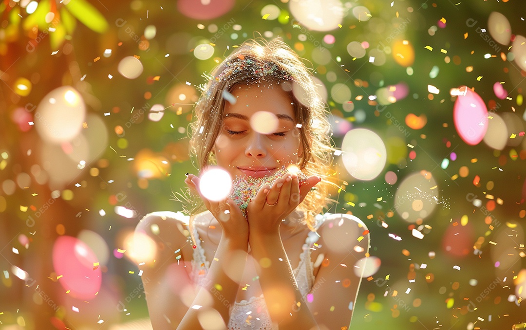 Linda mulher desfocada soprando confete com as mãos