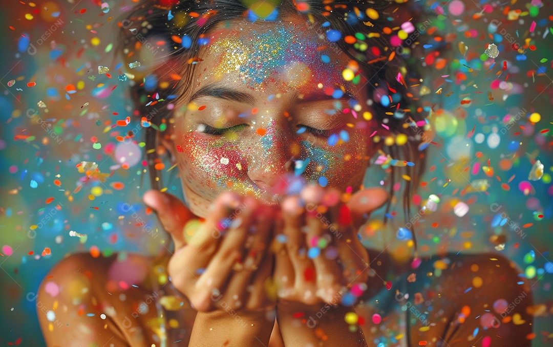 Linda mulher desfocada soprando confete com as mãos