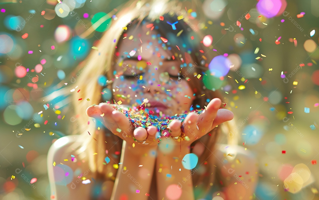 Linda mulher desfocada soprando confete com as mãos