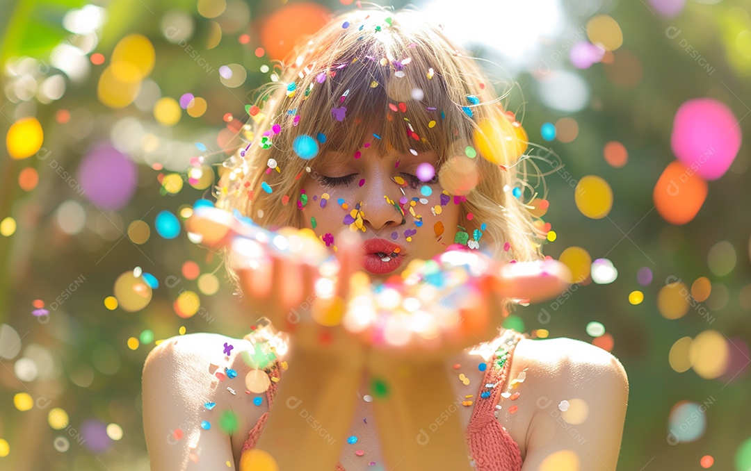 Linda mulher desfocada soprando confete com as mãos