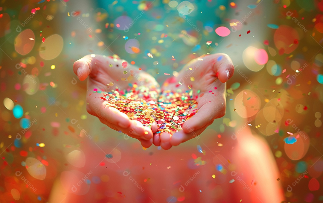 Linda mulher desfocada soprando confete com as mãos