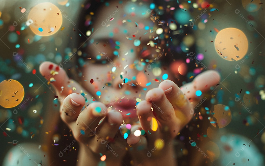 Linda mulher desfocada soprando confete com as mãos