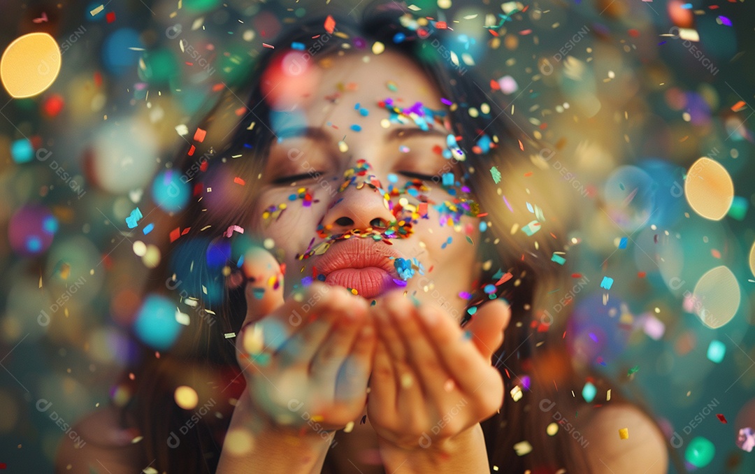 Linda mulher desfocada soprando confete com as mãos
