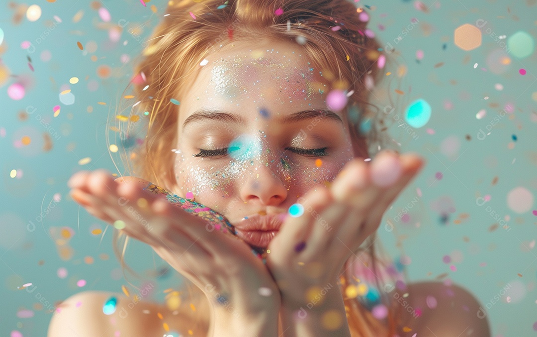 Linda mulher desfocada soprando confete com as mãos