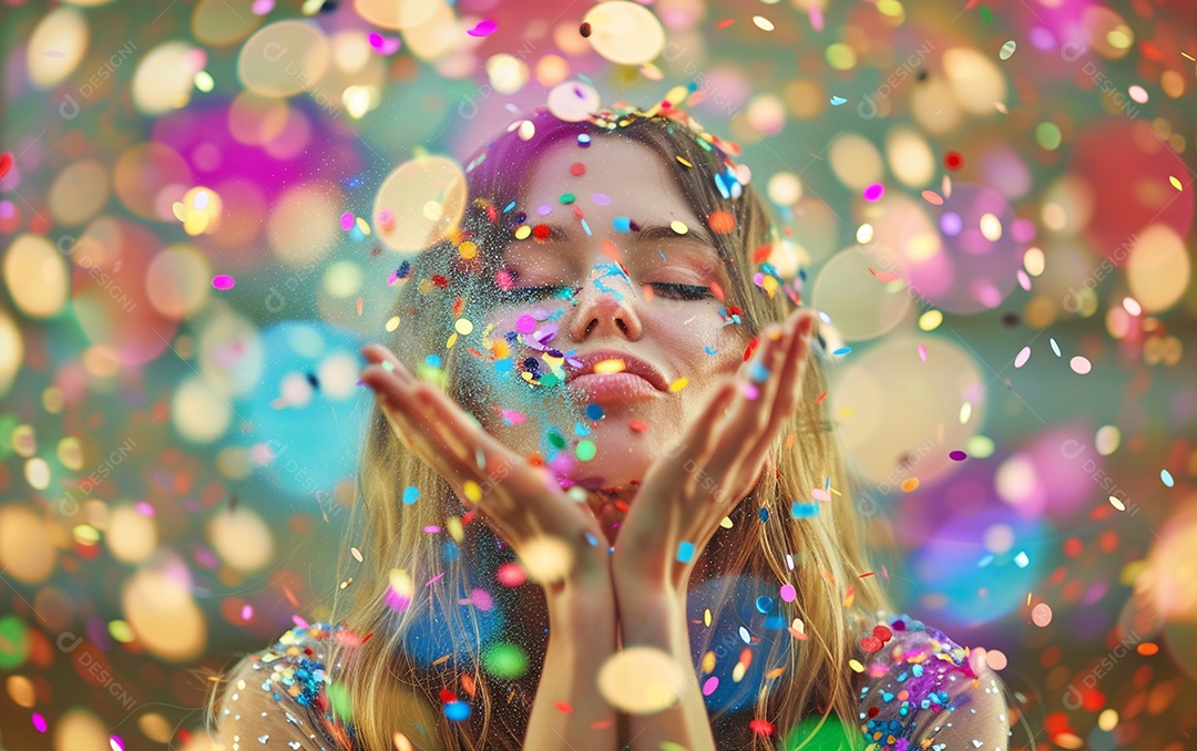 Linda mulher desfocada soprando confete com as mãos