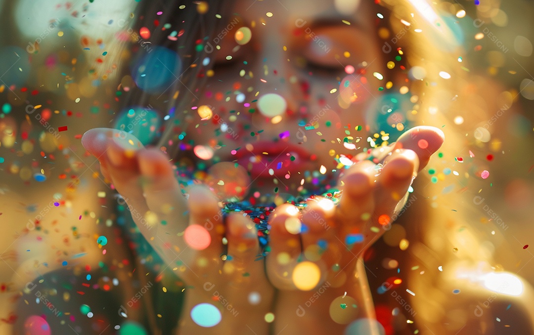 Linda mulher desfocada soprando confete com as mãos