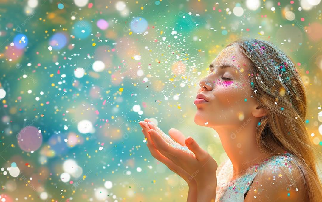Linda mulher desfocada soprando confete com as mãos