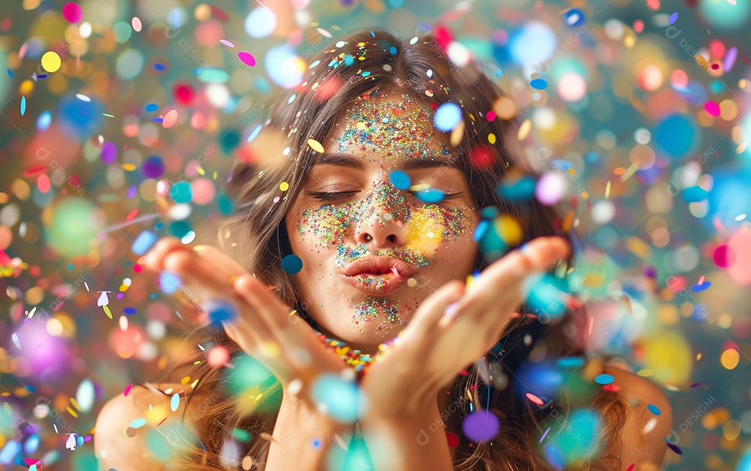 Linda mulher desfocada soprando confete com as mãos
