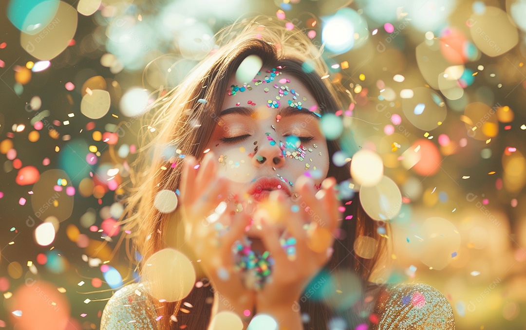 Linda mulher desfocada soprando confete com as mãos