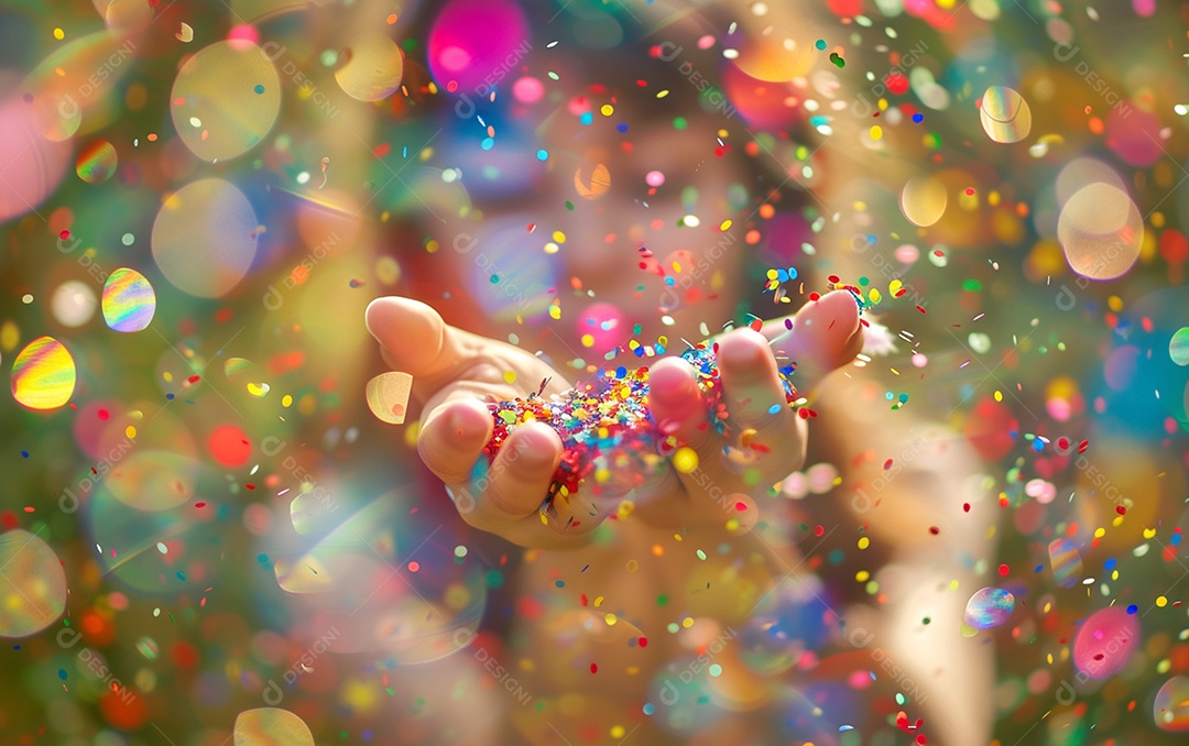 Linda mulher desfocada soprando confete com as mãos