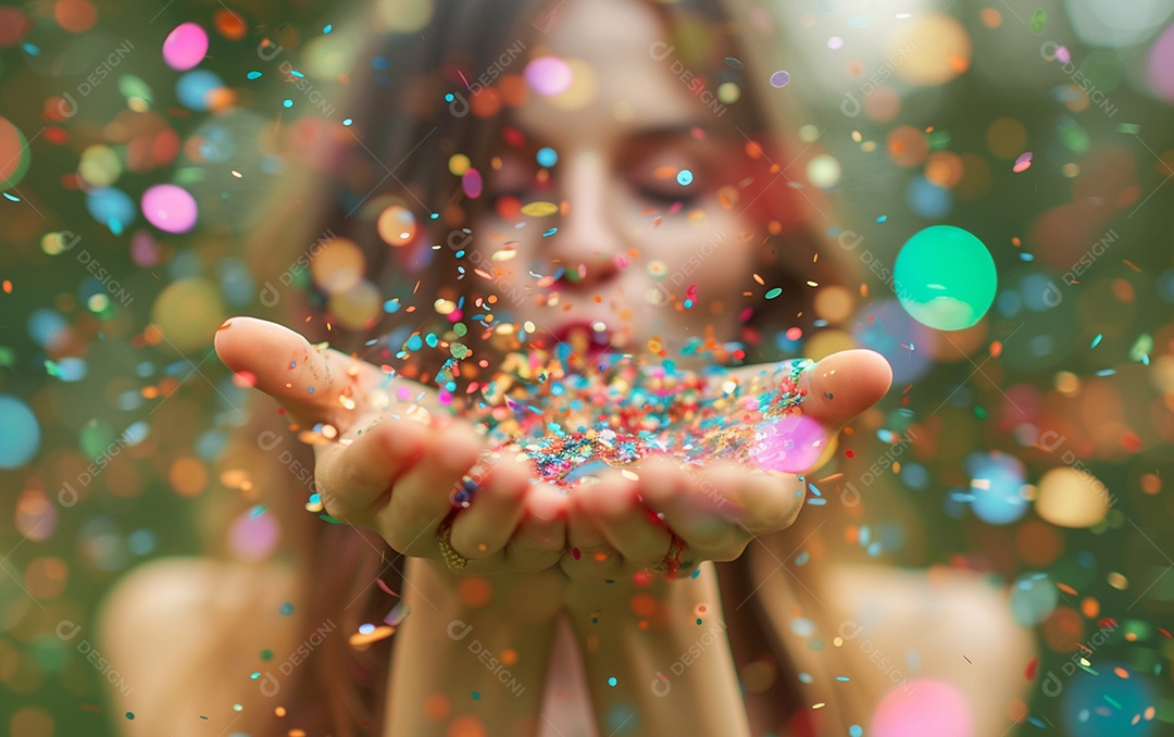 Linda mulher desfocada soprando confete com as mãos