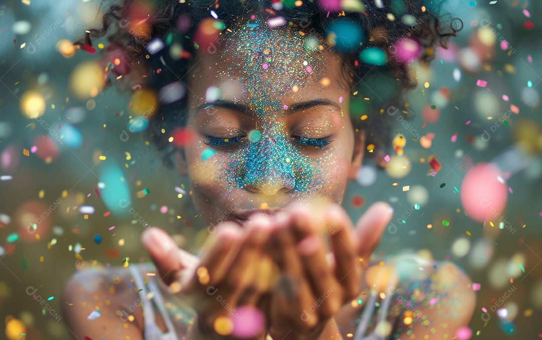 Linda mulher desfocada soprando confete com as mãos