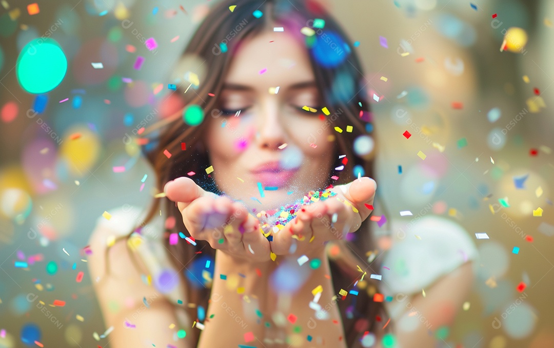Linda mulher desfocada soprando confete com as mãos