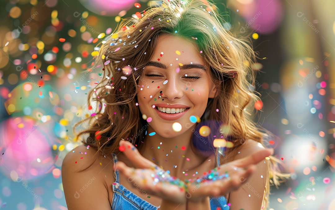 Linda mulher desfocada soprando confete com as mãos