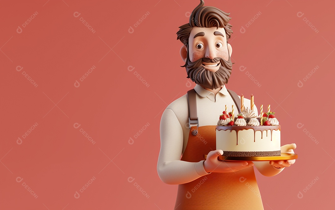 Retrato de homem 3D com bolo mostrando sobremesa em cor sólida
